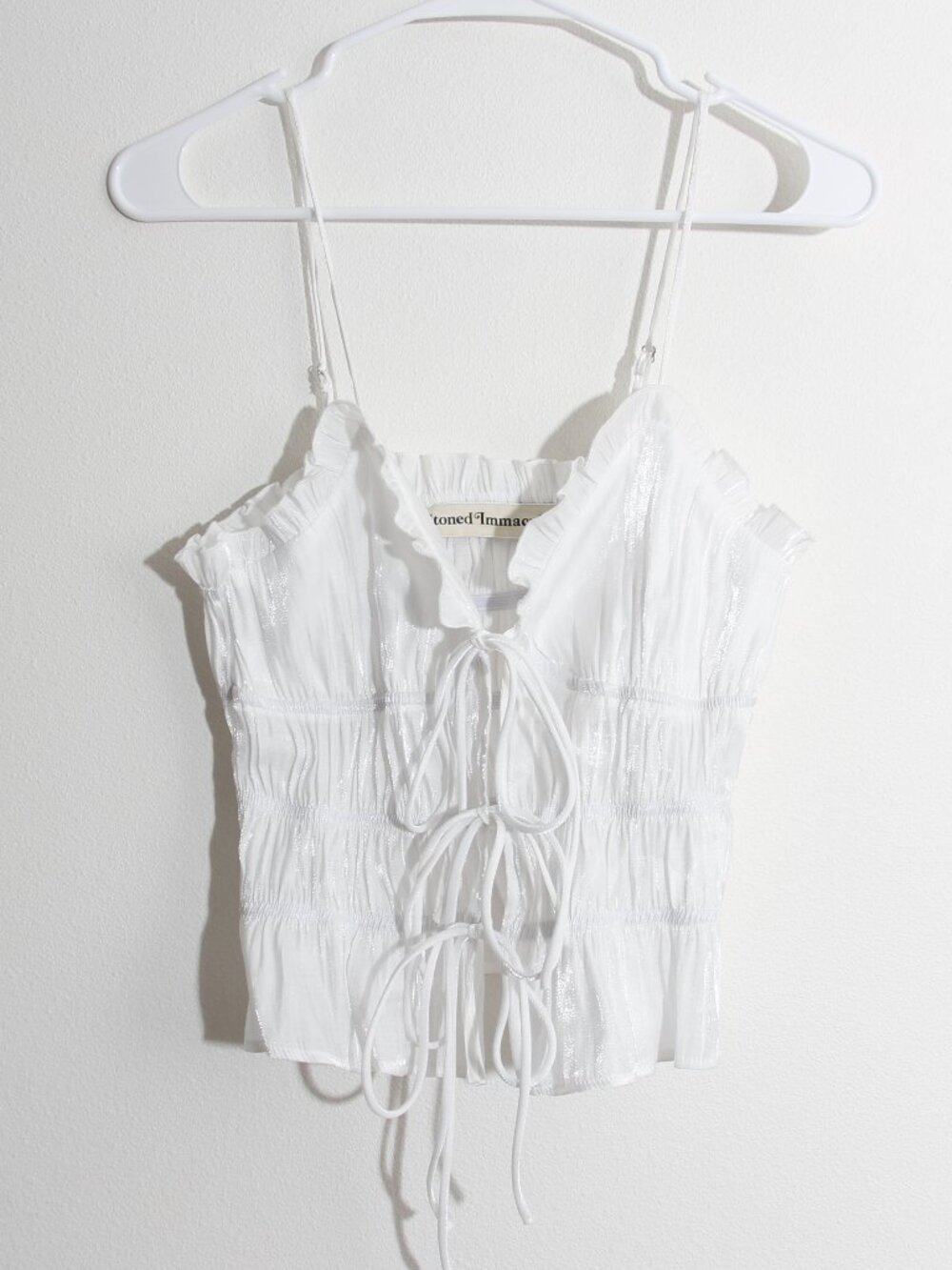 Stoned Immaculate White Top Lace-Up Ruffle Ruche Iridescent Shimmer Size Small